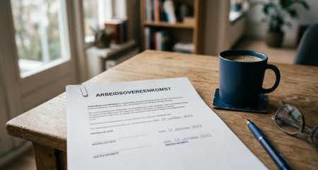 Arbeidsovereenkomst met paperclip op een houten bureau, koffie ernaast