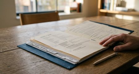 Open personeelsmap met tabbladen op een bureau in daglicht
