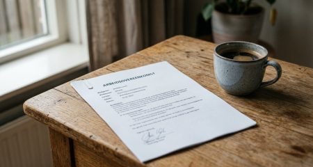 Opgeruimd bureau met een arbeidsovereenkomst en een kop koffie