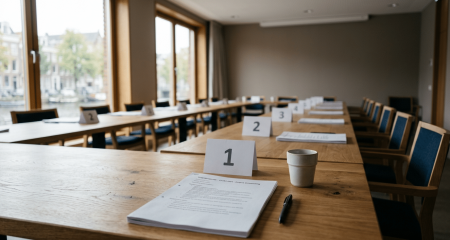 Spreekkamer van de bedrijfsarts met twee lege stoelen en een bureau bij het raam