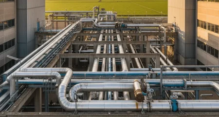 Landschapsbeeld van een industrieel stoomleidingnetwerk op een grootschalig chemisch productieterrein in Nederland, gefotografeerd tijdens het gouden uur. Geïsoleerde stalen leidingen lopen door een betonnen leidingkanaal tussen industriële gebouwen, met zichtbare flenzen, afsluiters en expansielussen.