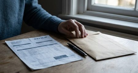 Hand op een gesloten envelop naast een loonstrook en een pen op een houten tafel