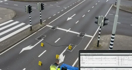 Forensisch verkeersonderzoeker analyseert inductielussen in Nederlands wegdek bij kruispunt voor verkeersstrafzaak, luchtfoto toont ingebedde detectiesystemen