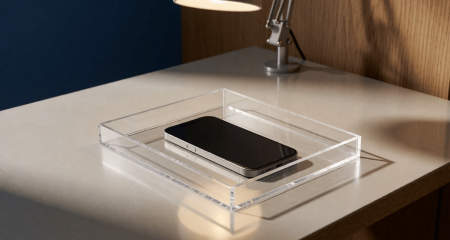 Smartphone in een doorzichtige bewijsbak op een metalen bureau onder een lamp