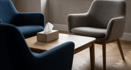 Twee fauteuils naar elkaar toe gedraaid bij een lage tafel