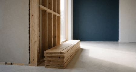 Half afgebouwde binnenwand met extra hout ernaast gestapeld