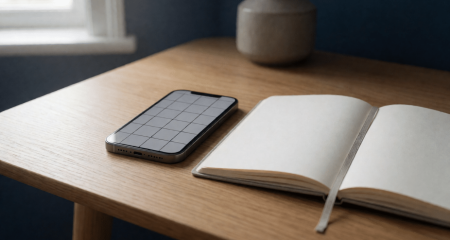 Telefoon op een bureau met een sober raster op het scherm