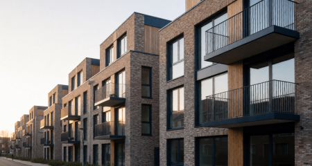 Een straat met nieuwe bakstenen appartementengebouwen met balkons in het late middaglicht.