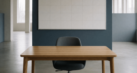 Halflege kantoorruimte met verlaten werkplek en projectplanning