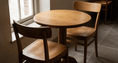 Twee stoelen aan een cafétafel met een leeg tafelblad ertussen