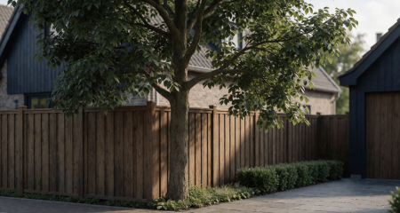 Hoge boom die over een schutting in de buurtuin hangt
