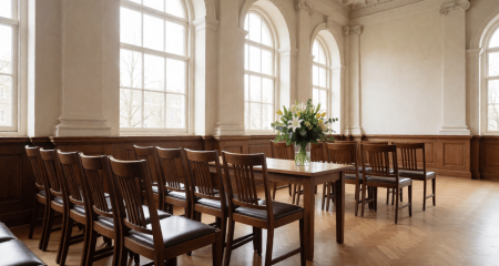 Zaal in een Nederlands gemeentehuis met stoelen en bloemen klaar voor een ceremonie