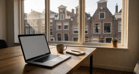 Klein kantoor met bureau, laptop en uitzicht op bakstenen gebouwen