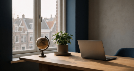 Bureau bij het raam met laptop, plant en een kleine wereldbol