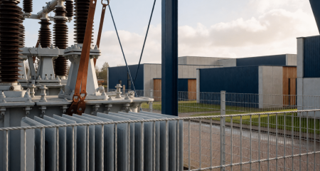 Transformatorstation achter een hek naast een bedrijventerrein