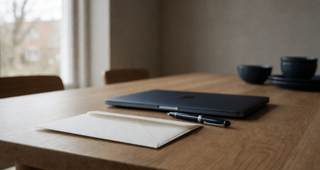 Ongeopende officiële envelop en een pen op een keukentafel bij een laptop