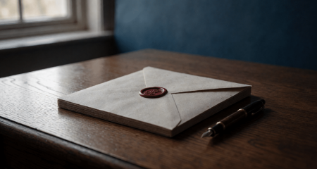 Dichtgezegelde documentenenvelop op een eikenhouten bureau naast een pen