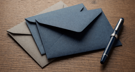 Drie gesloten enveloppen uitgewaaierd op een houten tafel naast een pen