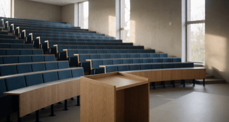 Collegezaal met oplopende lege stoelenrijen en een spreekgestoelte