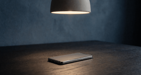 Telefoon met het scherm naar beneden op een donkere tafel onder een lamp