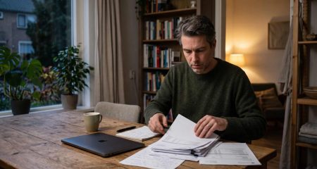 Een man ordent aan de eettafel geprinte bankafschriften naast een dichtgeklapte laptop, aan het eind van de dag.