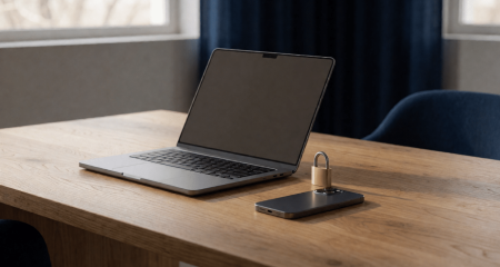 Laptop op een bureau naast een gesloten hangslot en een omgekeerde telefoon
