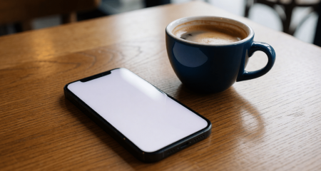 Smartphone met leeg scherm op een houten cafétafel naast een koffiekopje