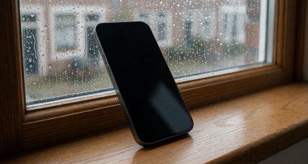 Telefoon met leeg scherm op een vensterbank voor een beregend raam