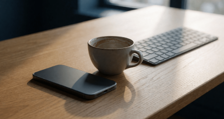 Omgekeerde smartphone op een bureau naast een leeg koffiekopje