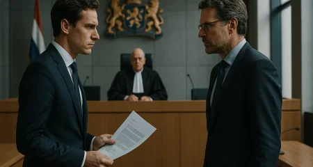Twee mannen in rechtszaal gesprek
