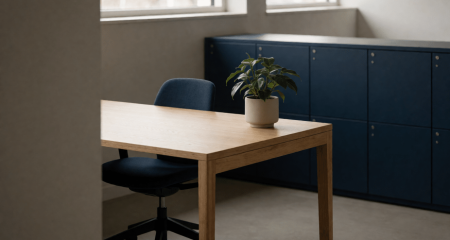 Opgeruimd bureau met een plant en een aangeschoven lege stoel
