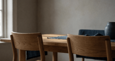 Twee lege stoelen aan een tafel met een lege ruimte ertussen