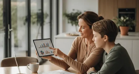 Ouder en tiener in gesprek over contracten en financiële verantwoordelijkheid aan keukentafel
