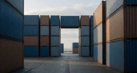 Containerterrein met een lege plek waar containers ontbreken