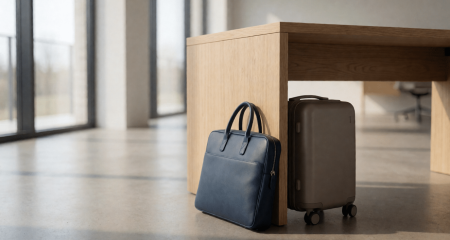 Bureau in een modern kantoor met een laptoptas en een kleine koffer