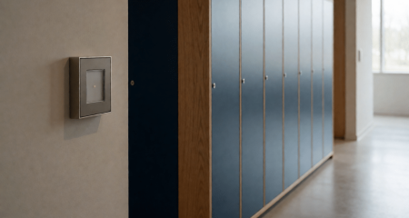 Wandpaneel naast een gang met personeelskluisjes