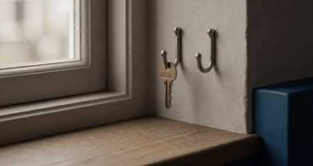 Eén huissleutel op een vensterbank met een lege haak ernaast