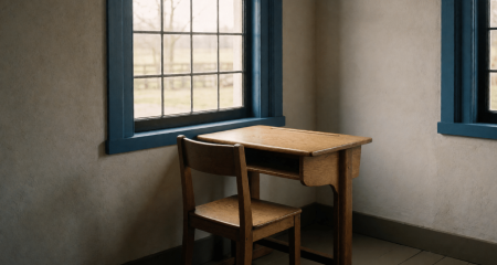 Kleine schooltafel met stoel bij het raam in een klaslokaal