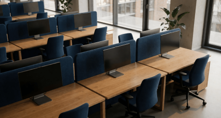 Kantoortuin van bovenaf met lege bureaus en beeldschermen