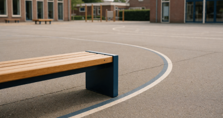 Leeg schoolplein met een bank en een gekleurde lijn op het asfalt