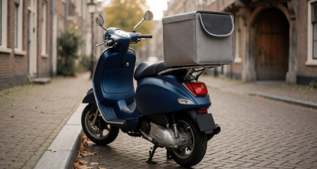 Geparkeerde bezorgscooter met een lege thermobox langs de stoep