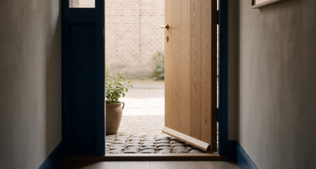 Voordeurstoep van binnenuit gezien door de open deur