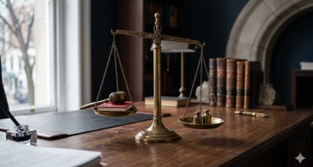 Weegschaal van justitie met hamer op een bureau, symbool voor de juridische beoordeling van politiegeweld