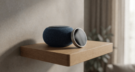 Slimme speaker en een thermostaatknop op een wandplank