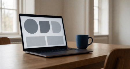 Laptop met een sobere pagina van grijze blokken op het scherm