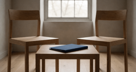 Twee naar elkaar gedraaide stoelen met één map ertussen