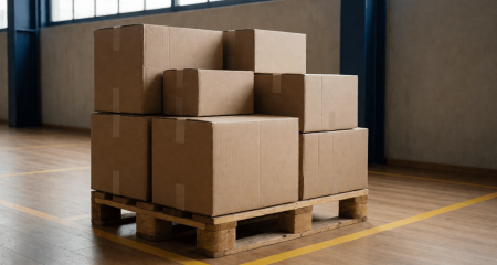 Pallet met retourdozen apart gezet in een quarantainehoek van een magazijn