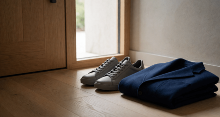 Paar sportschoenen en een opgevouwen jas bij de voordeur