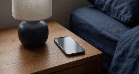 Telefoon met het scherm naar beneden op een nachtkastje