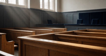 Lege rechtszaal met houten banken en een lage balustrade